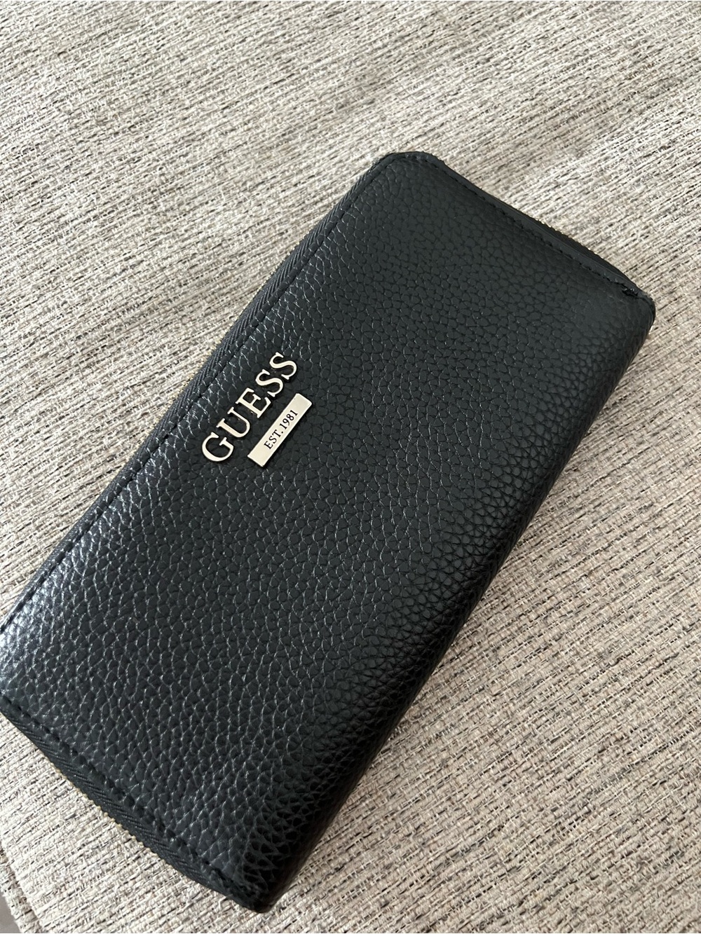 Guess Black Pebbled Leather Long Zip Wallet with Silver Logo
